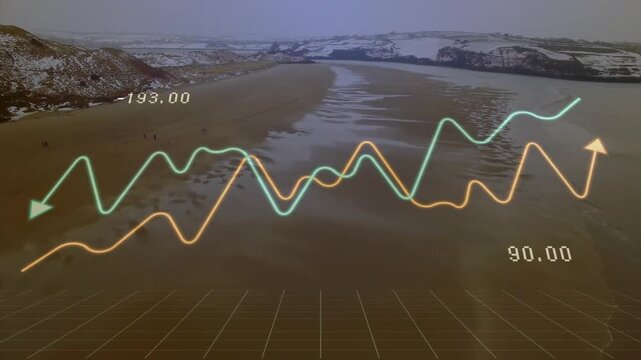 Graph lines and data points animation over beach landscape with hills
