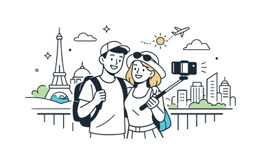Obraz premium Tourist couple at a landmark. A relaxed scene of a couple holding a phone on a selfie stick, city panorama opening up behind them. Freedom,