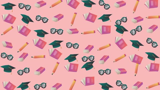 Pink background with graduation caps, glasses, books, pencils, and erasers. Perfect for graduationrelated designs, invitations, educational materials, and promotions.