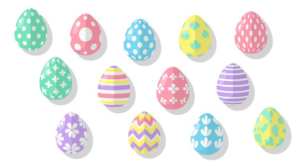 Fototapeta premium Collection of twelve vibrantly colored Easter eggs adorned with playful patterns and charming pastel designs, perfect for festive springtime celebrations and decorations