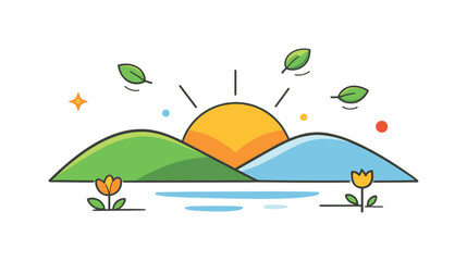 Spring Renewal Illustration. Spring video background gentle nature inspired scene with minimal hills, rising sun, and small floating leaves, designed to convey