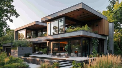 Fototapeta premium Eco Architecture Modern House Exterior Concept Illustration with Sustainable Design Elements and Empty Copy Space for Environmental Text