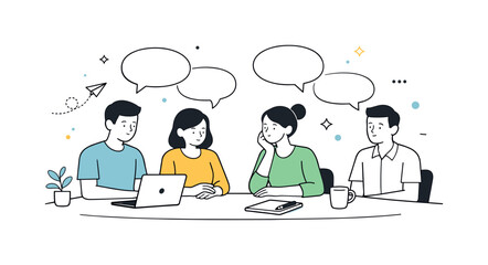 Feedback silence in teams. An editorial illustration of a team meeting where characters sit quietly while empty dialog bubbles float above.