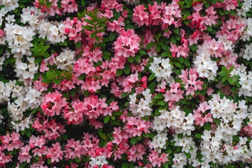 Azaleas in full bloom forming dense pink and white floral wall with lush green leaves, top view