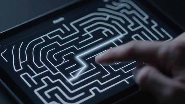 A hand quickly solves a glowing, intricate digital maze displayed on a dark touch screen, tracing a complicated path across the complex pattern to unlock or navigate a high-tech security interface.