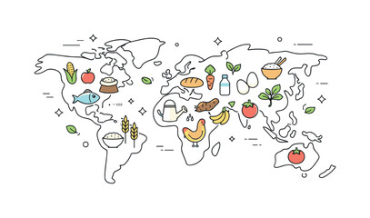 Global Food Balance. Global food security awareness. A simplified world map with plants and food symbols evenly distributed across regions. The illustration