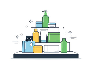 Obraz premium Retail product pyramid arrangement. An organized product pyramid displayed on a table or platform, suggesting structure and smart