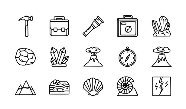 Geology tools and earth science line icon set vector isolated on transparent background
