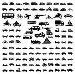 Collection of Various Transportation Vehicles and Objects Icons.