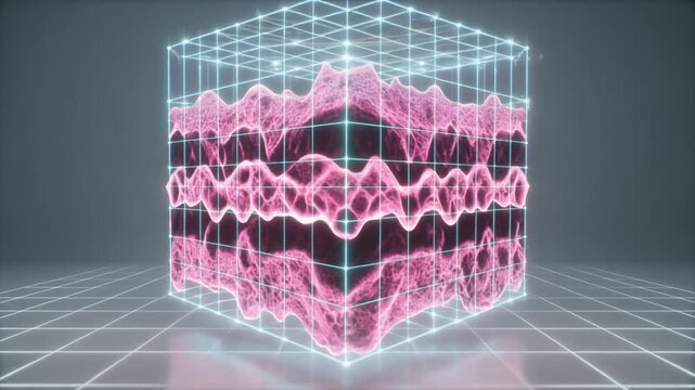Glowing blue wireframe cube in futuristic digital environment