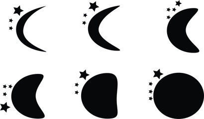 Moon Phases Silhouette Set with Stars Showing Crescent Half and Full Moon Progression for Celestial Design © Hasan