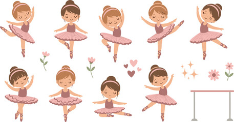 Cute little ballerina girl character set in pink tutu poses with ballet barre © EdGe Creative