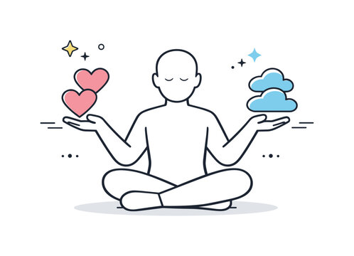 Abstract emotional labor concept. Simplified human figure balancing emotion symbols like hearts and clouds. Quiet strength, self-regulation,