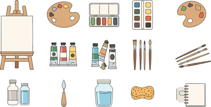 Minimal art supplies icon set with easel, watercolor palettes, paint tubes, brushes, jar and sketchbook