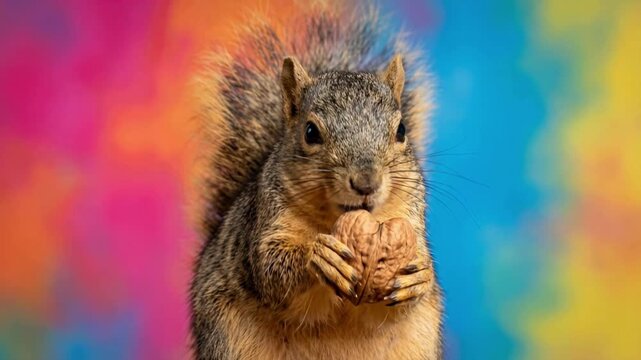 Hungry squirrel holding heart shaped nut in paws close up colorful studio background cute animal eating concept video for valentine 4k