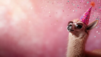 Fototapeta premium This whimsical image features a llama donning a festive party hat and stylish sunglasses, radiating joy and celebration against a playful pink backdrop filled with confetti.