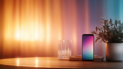 An elegant mobile phone stands prominently on a warm wooden table next to a stylish plant, beautifully lit with soft colors that create a modern and inviting atmosphere.
