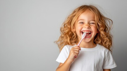 A joyful little child brushes their teeth happily, showcasing the importance of dental hygiene and the innocence of childhood in a light and playful manner filled with smiles.
