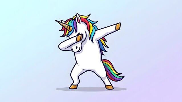 A cartoon unicorn dancing with colorful mane and tail, illustration, playful scene, vibrant colors, whimsical atmosphere