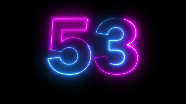 Neon pink blue color Number 53 text icon animation education mathematic digit count finance countdown icon sign symbol on black background