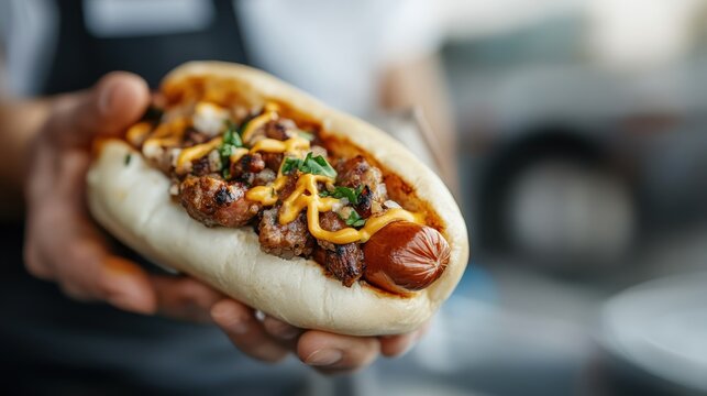 A mouthwatering hot dog, topped generously with savory sauces and garnishes, inviting customers to indulge in a delicious culinary experience at a food stall.