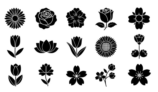 Black flower icon set vector floral silhouettes decorative elements isolated on transparent background