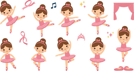 Cute ballerina girl character set with ballet dance poses, pink tutu, ribbons, shoes and stage elements © EdGe Creative