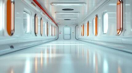 Obraz premium A pristine, futuristic corridor featuring sleek lines and minimal design showcases a captivating journey into high-tech environments marked by simplicity and elegance.