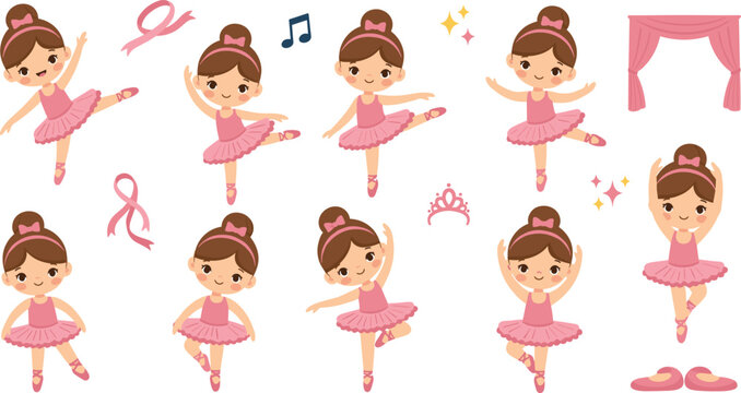 Cute ballerina girl character set with ballet dance poses, pink tutu, ribbons, shoes and stage elements