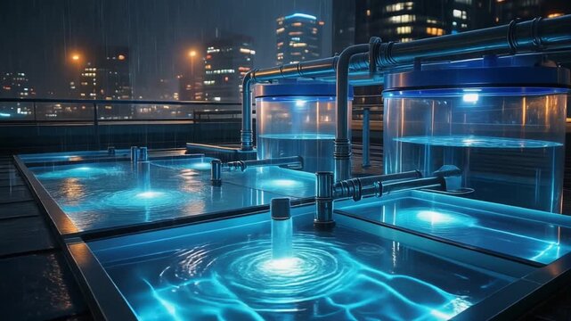 Modern rooftop water filtration system at night with cityscape