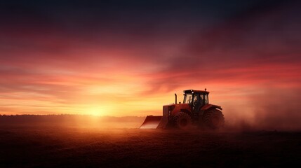 Fototapeta premium A lone tractor stands against a breathtaking sunset, silhouetted against vibrant skies, representing the tireless spirit of agricultural work and nature's beauty.