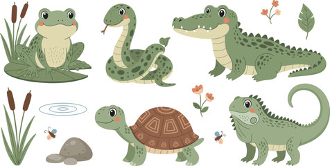 Fototapeta premium Cute reptile and amphibian set with frog, snake, crocodile, turtle, lizard and pond nature elements