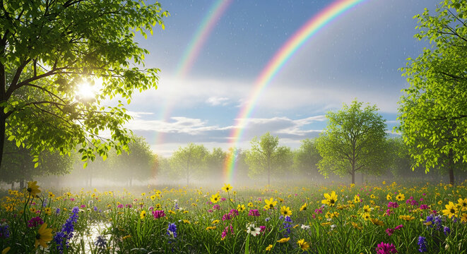 Serene meadow filled with wildflowers and a double rainbow on a sunny day with lush trees and mist