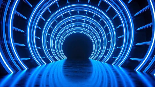 Blue neon tunnel with circular lights