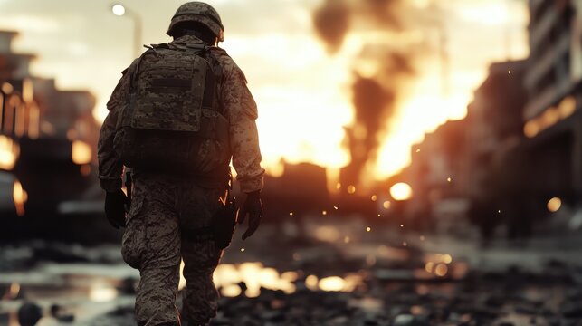 A lone soldier walks through a devastated city, reflecting the stark reality of war and the struggles faced by those enduring such chaos and destruction in their surroundings.