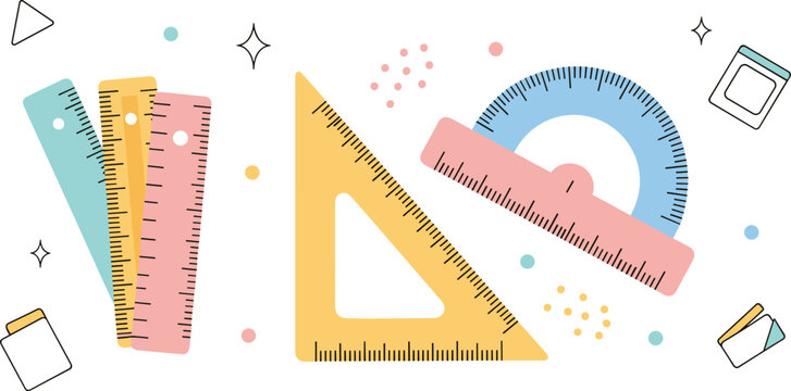 Geometry ruler tools illustration with triangle set square, protractor, rulers and colorful school stationery