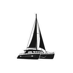 Silhouette of a Catamaran Sailboat on a White Background.