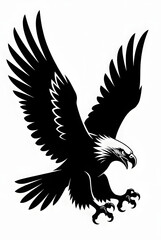 Obraz premium Black and White Flying Eagle Vector Illustration – Detailed Wings Spread Predator Bird Silhouette Logo Design