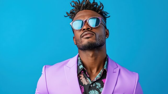 A fashionable individual poses confidently against a bright blue backdrop, showcasing a blend of stylish attire and attitude, representing modern fashion and self-expression.