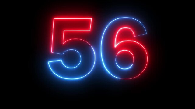 Neon red blue color Number 56 text icon animation education mathematic digit count finance countdown icon sign symbol on black background