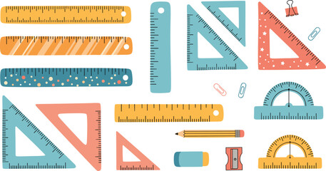 School ruler and geometry tools set with triangles, protractors, pencil, eraser and stationery elements © EdGe Creative