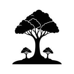 Silhouette of a large tree with two smaller trees.
