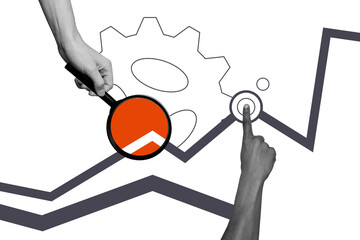 Composite artwork sketch image photo collage of cog symbol teamwork business strategy leadership solution with magnifier focus progress