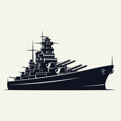 Silhouette of a powerful battleship with multiple cannons.
