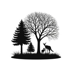 Silhouette of Deer and Trees in a Forest.
