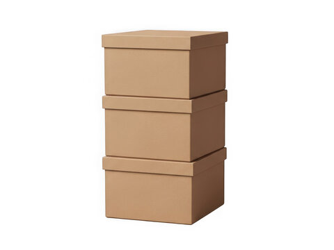 Stack of three brown cardboard boxes isolated on transparent background