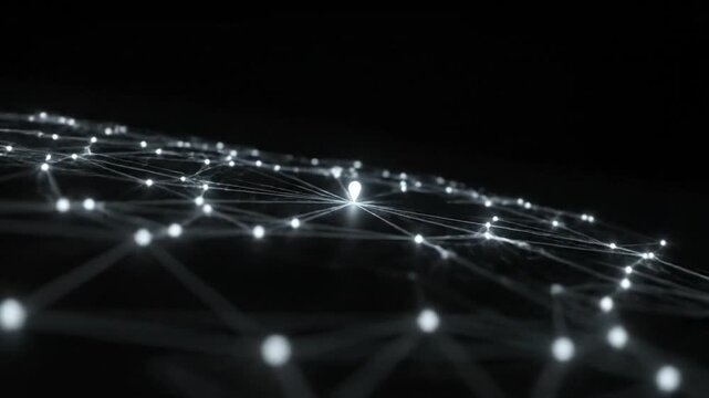 A single bright point rapidly initiates the formation of a vast, complex, interconnected digital mesh network of glowing nodes and lines, symbolizing global connectivity and data expansion.