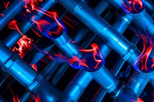 Abstract blue pipes grid with red flames and glowing light on black background, dynamic industrial design concept