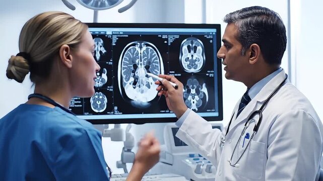 Modern medical consultation footage featuring an experienced Indian doctor and nurse discussing a complex brain scan on advanced digital screen