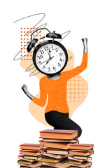 Obraz premium Vertical photo collage of anonym headless girl alarm clock regime book stack library education student isolated on painted background